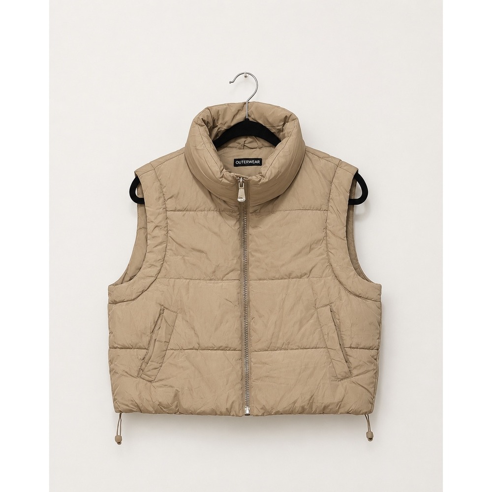 Outerwear Tan Puffer Vest Full Zip Quilted Sleeveless Jacket Khaki Women Small
